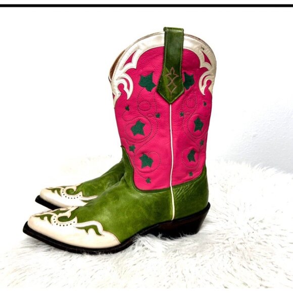 Vintage Nocona Western Cowboy Boots Pink Green Colorful Unique Size 11B Snip Toe - Picture 1 of 12